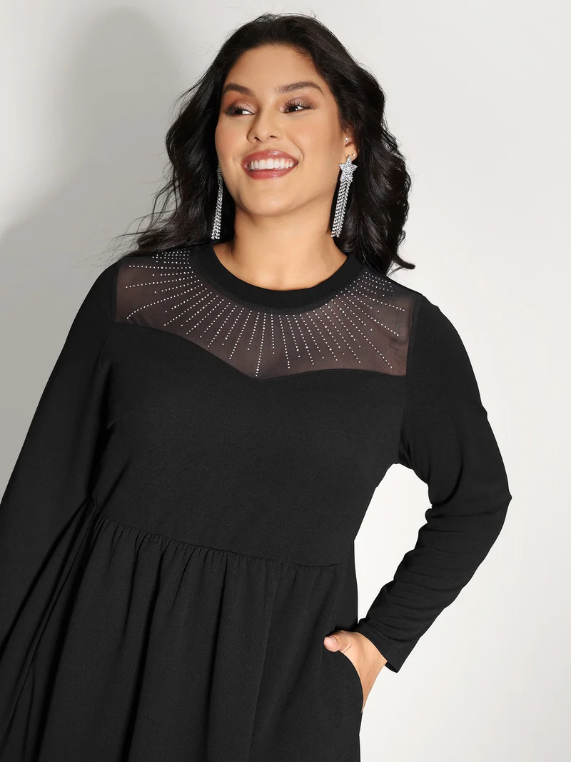 Rhinestone Stretchy Sheer Neck Midi Dress