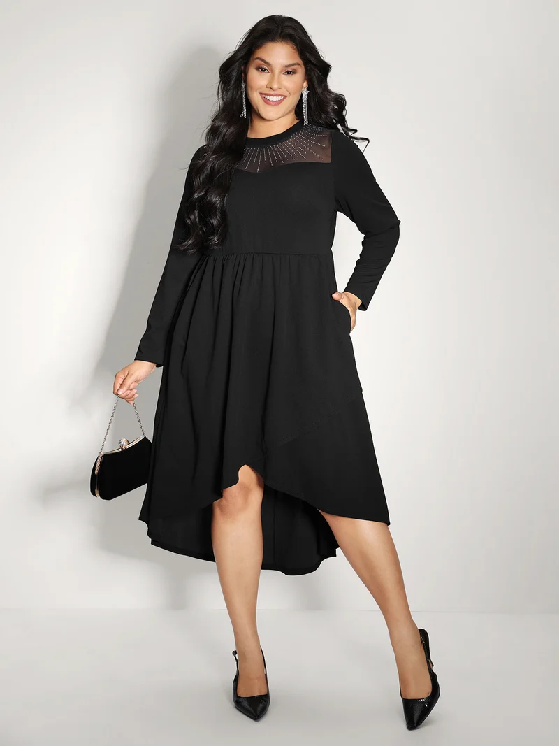 Rhinestone Stretchy Sheer Neck Midi Dress