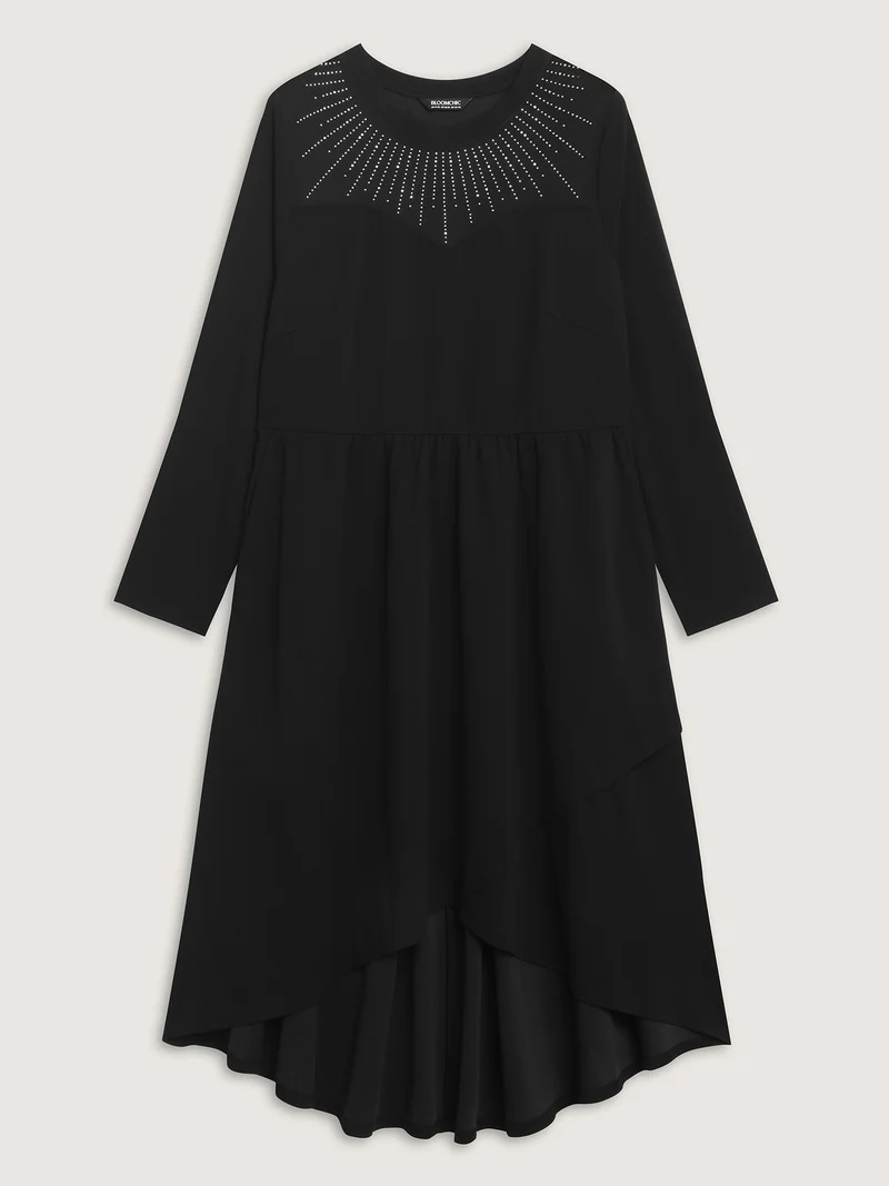 Rhinestone Stretchy Sheer Neck Midi Dress