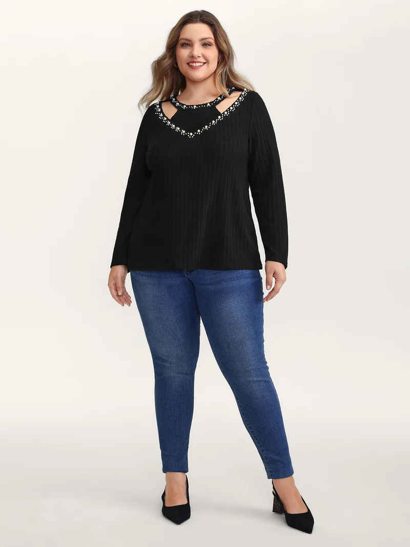 Bubble Beads Neck Cut-Out T-Shirt