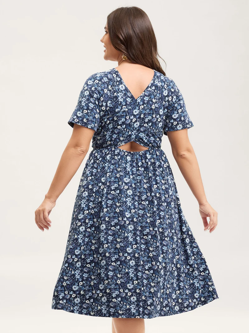 Florals Crossover Back Cut-Out Midi Dress