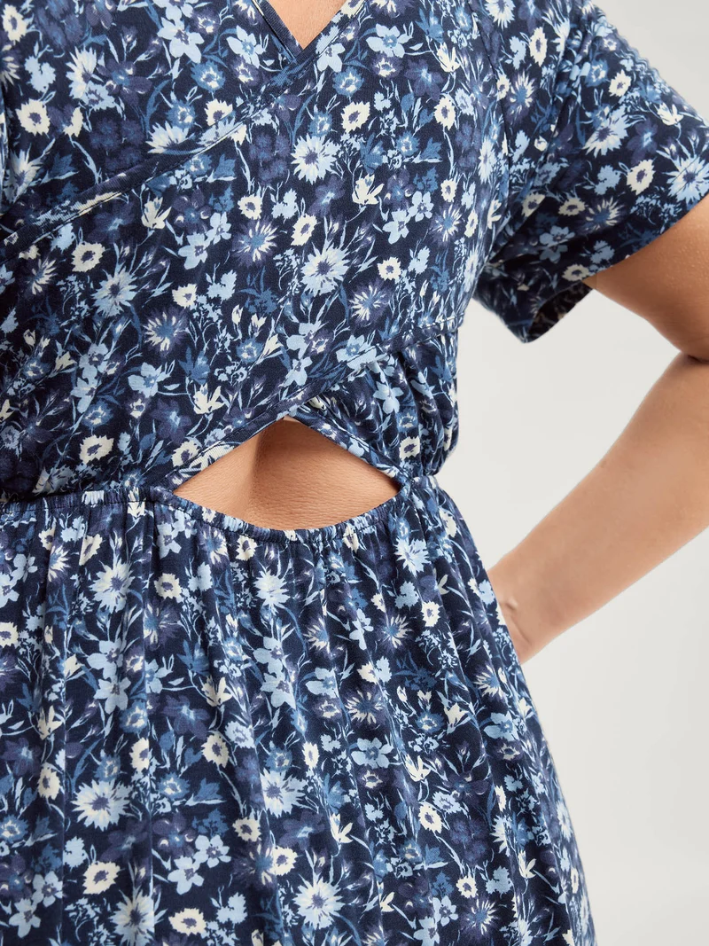 Florals Crossover Back Cut-Out Midi Dress