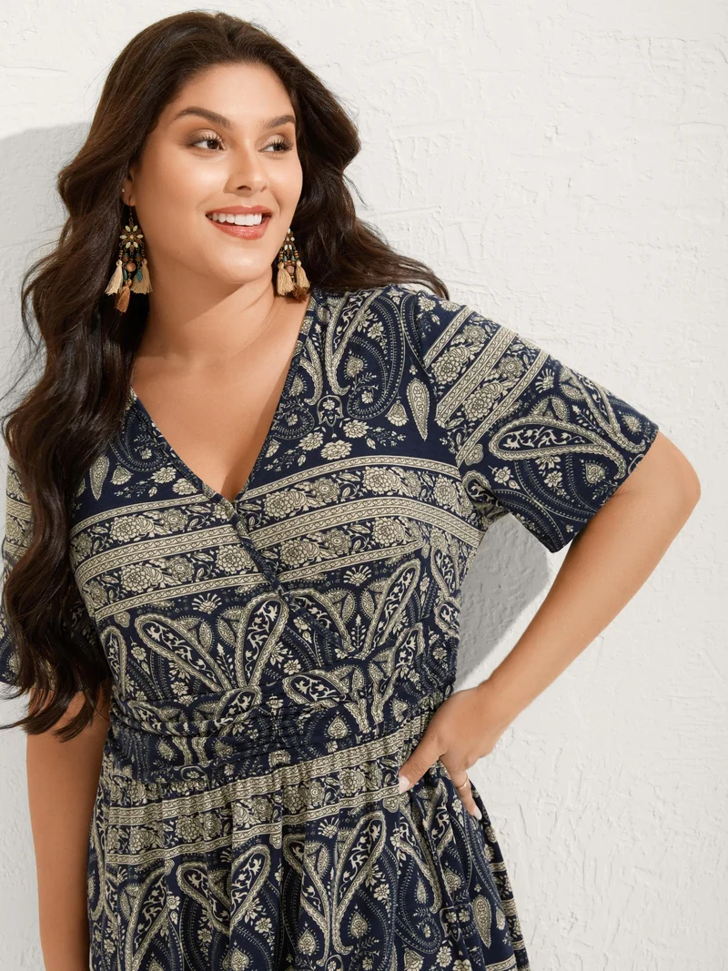 Paisley Stripe Print Pleated Waist Midi Dress