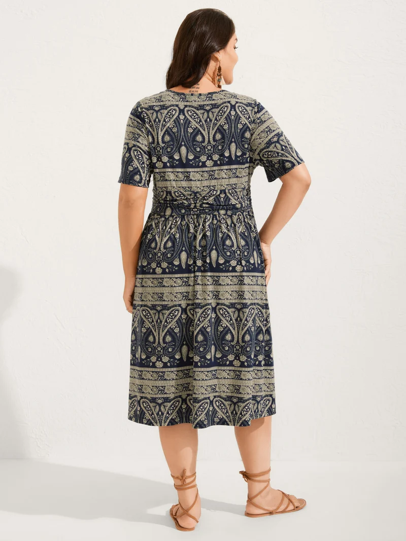 Paisley Stripe Print Pleated Waist Midi Dress