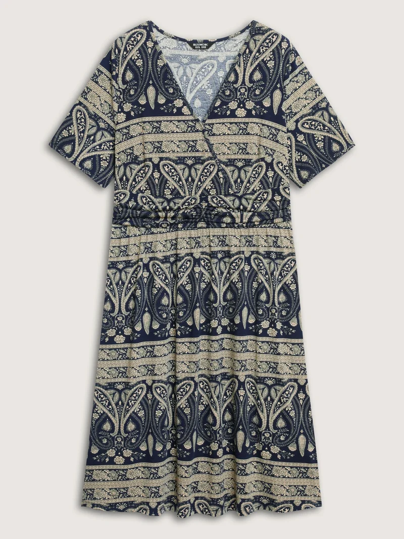 Paisley Stripe Print Pleated Waist Midi Dress