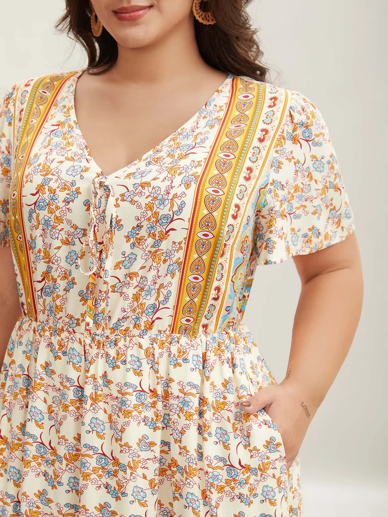 Boho Print Adjustable Neck Ties Midi Dress