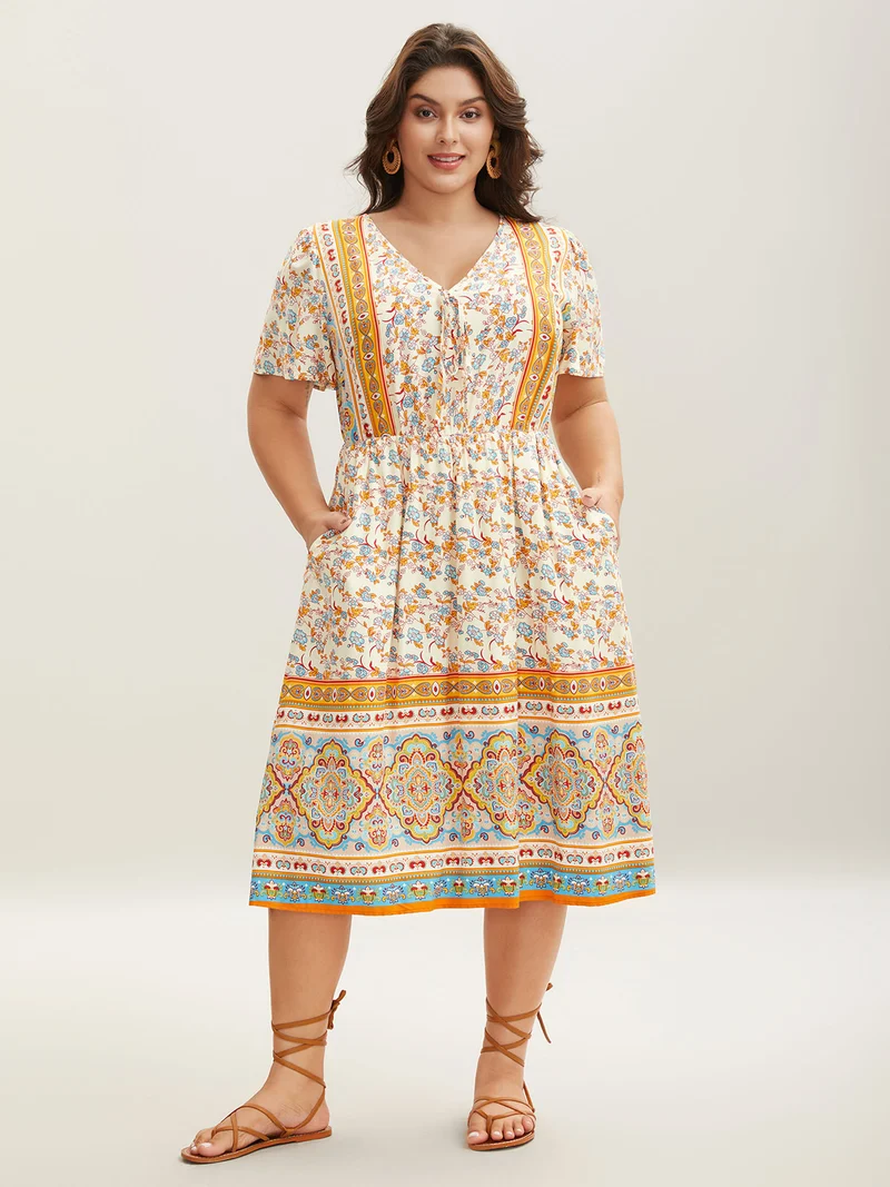 Boho Print Adjustable Neck Ties Midi Dress
