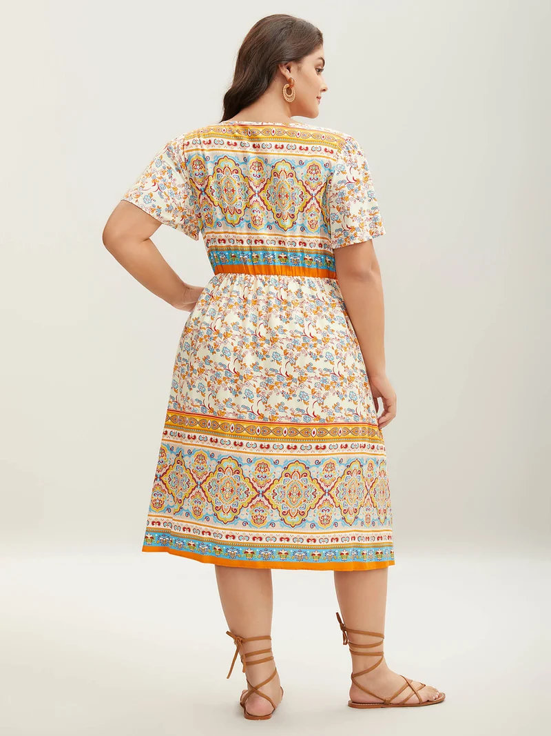 Boho Print Adjustable Neck Ties Midi Dress