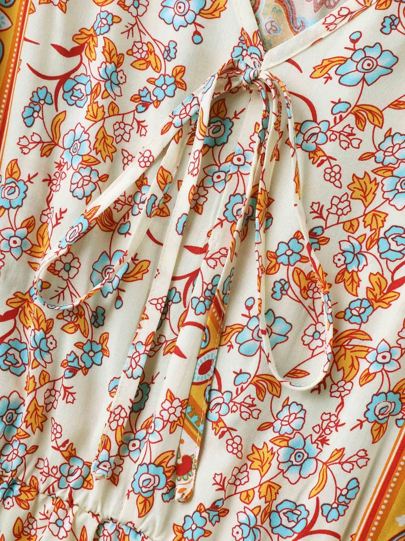 Boho Print Adjustable Neck Ties Midi Dress