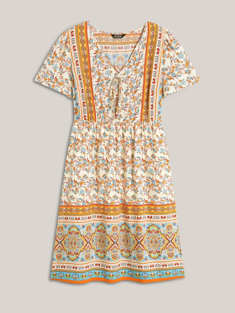 Boho Print Adjustable Neck Ties Midi Dress