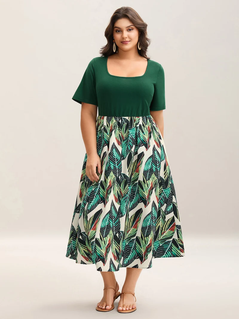 Leafy Print Spliced Square Neck Midi Dress