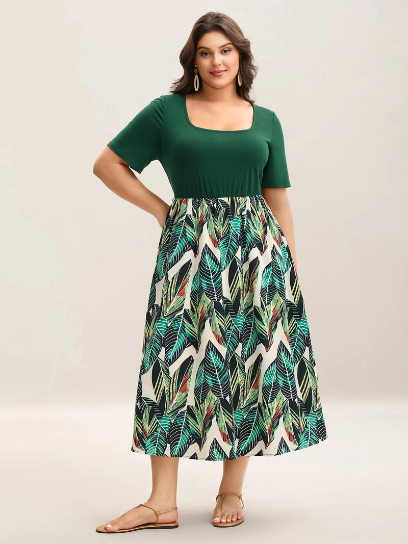Leafy Print Spliced Square Neck Midi Dress
