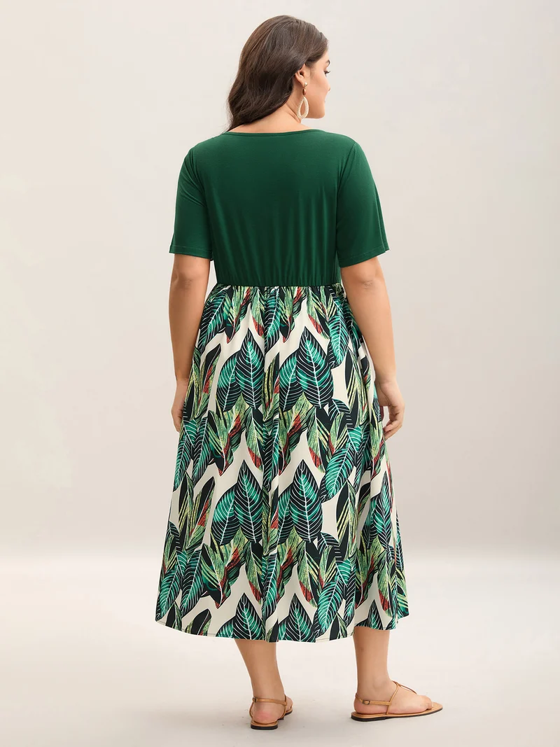 Leafy Print Spliced Square Neck Midi Dress