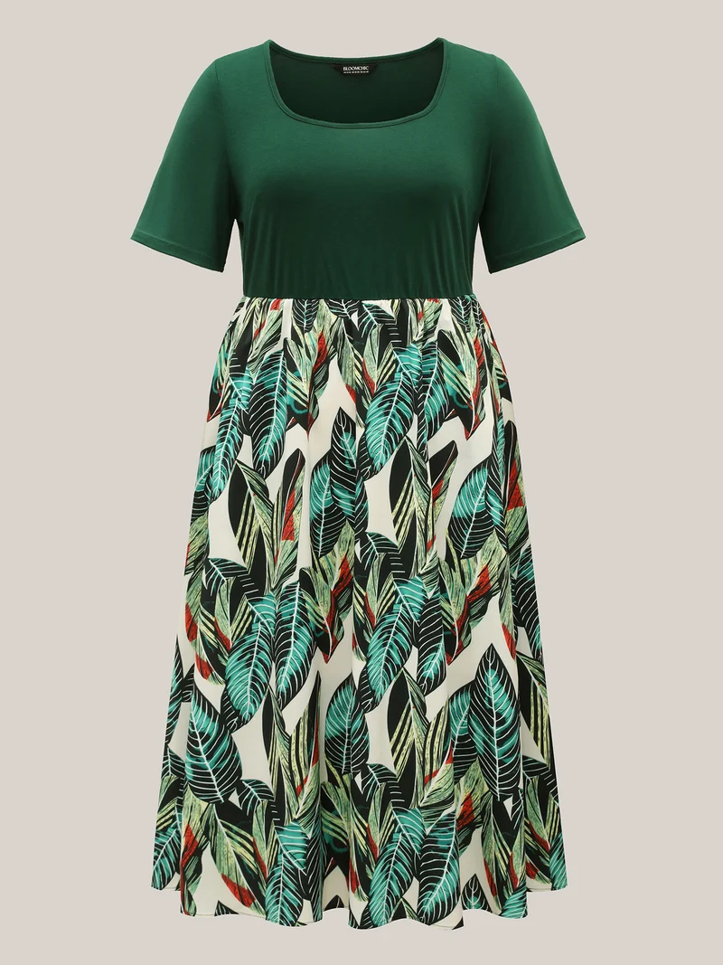 Leafy Print Spliced Square Neck Midi Dress
