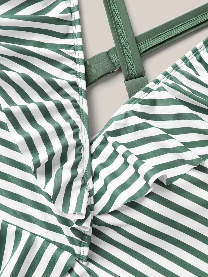 Striped Spliced Ruffled One-Piece Swimsuit