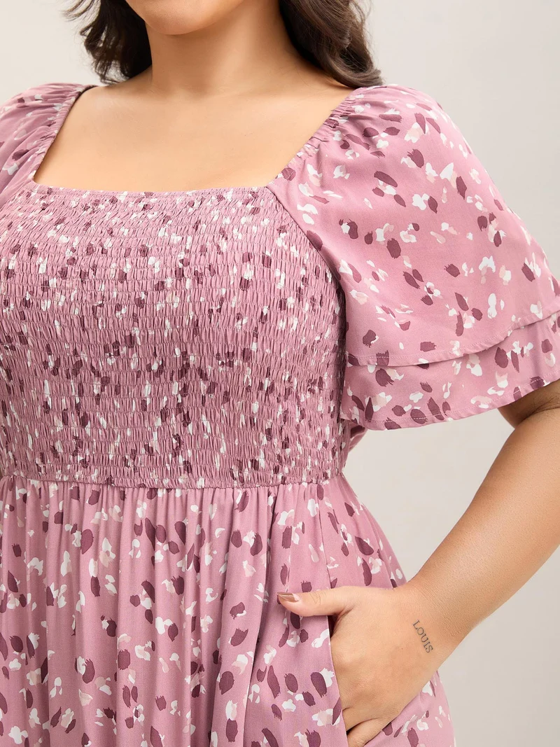 Floral Print Shirred Pockets Midi Dress