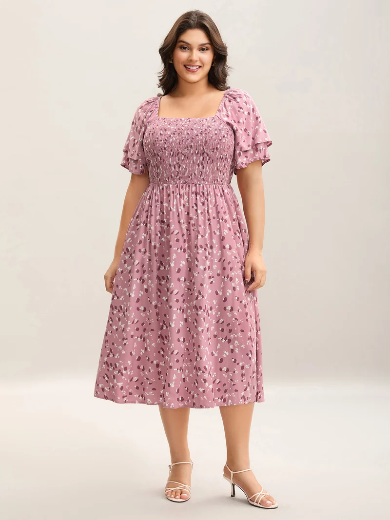 Floral Print Shirred Pockets Midi Dress