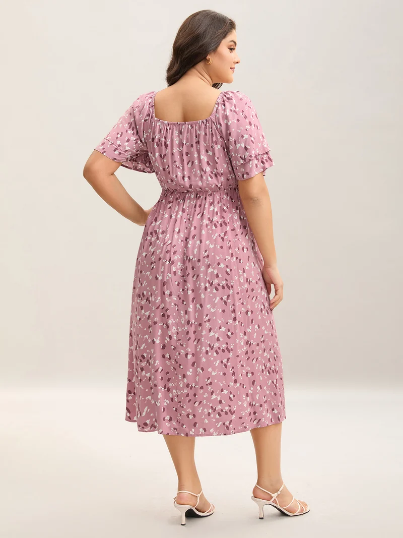 Floral Print Shirred Pockets Midi Dress