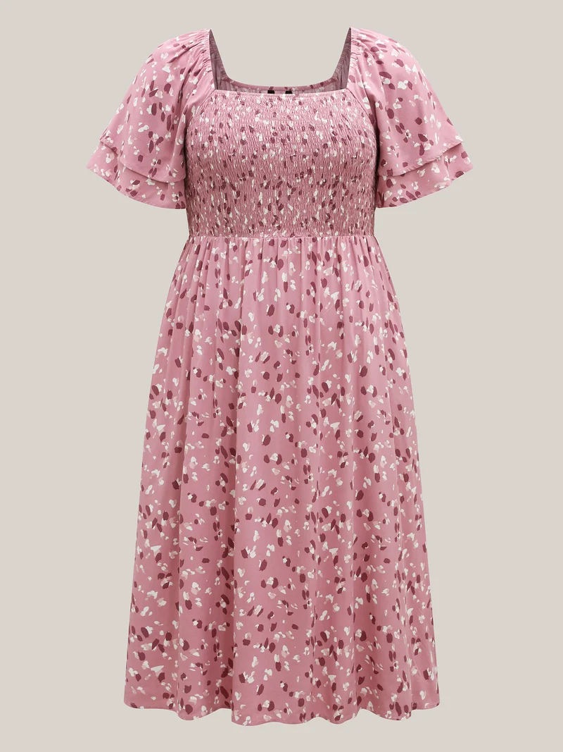 Floral Print Shirred Pockets Midi Dress