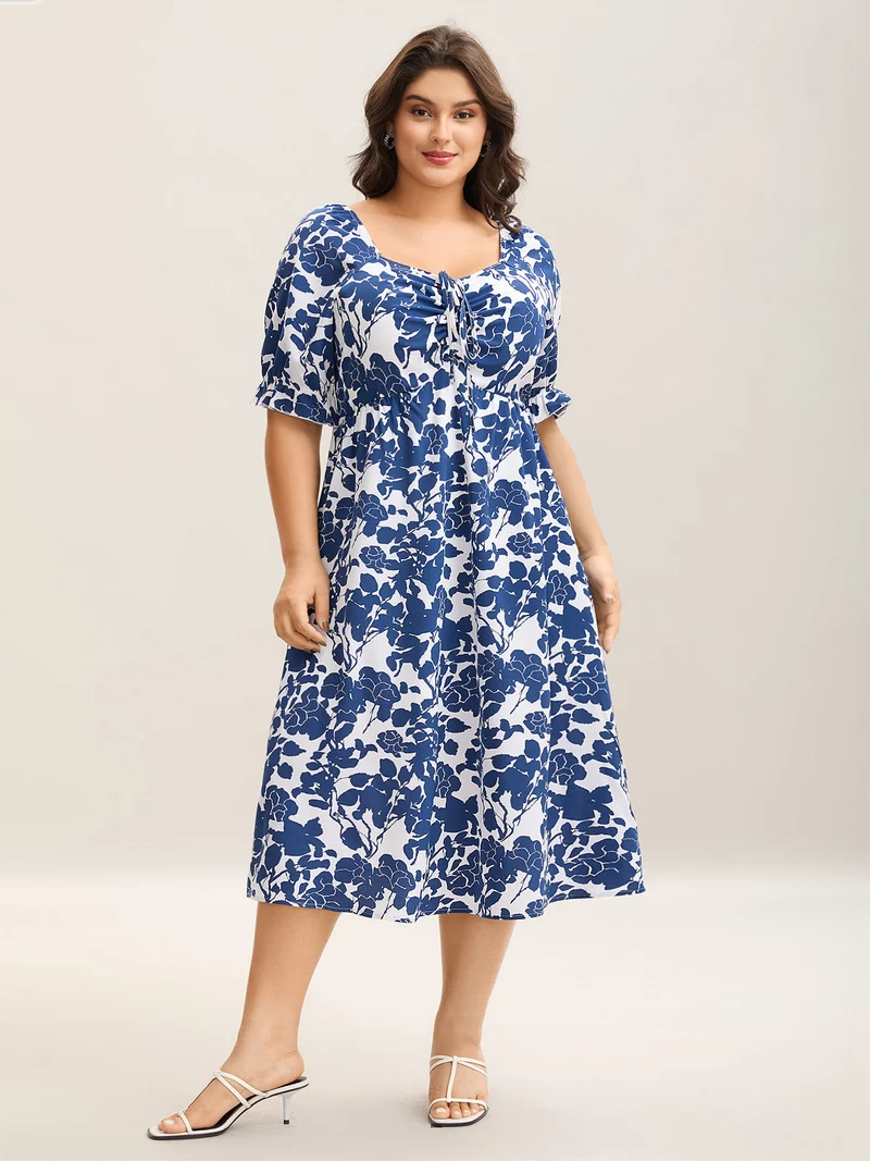 Silhouette Floral Print Tie Front Midi Dress