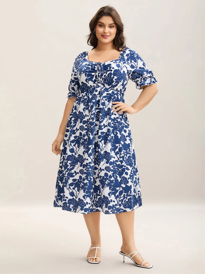 Silhouette Floral Print Tie Front Midi Dress
