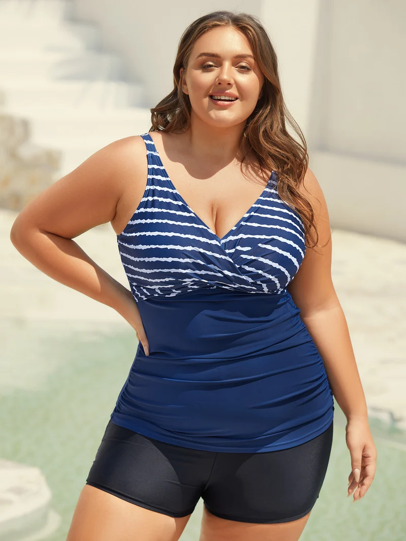 Stripes Spliced Ruched Swim Top