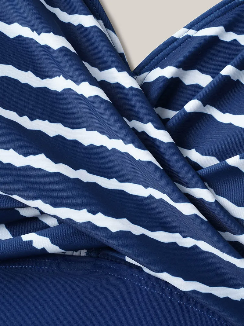 Stripes Spliced Ruched Swim Top