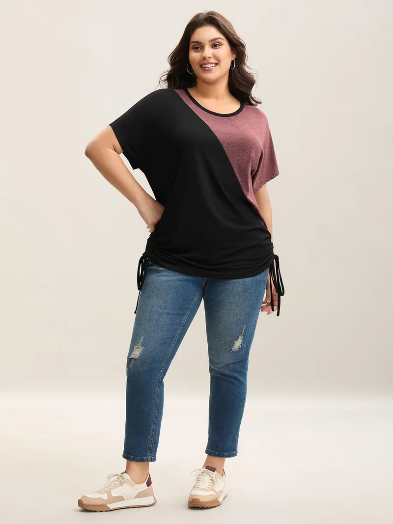 Color Block Ruched Drawstring T-Shirt