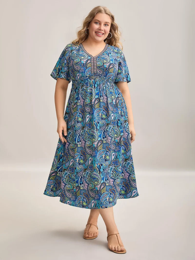 Paisley Print Stretchy Waist Pockets Midi Dress