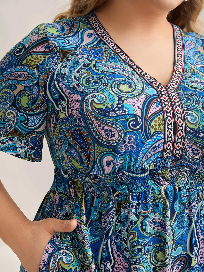 Paisley Print Stretchy Waist Pockets Midi Dress