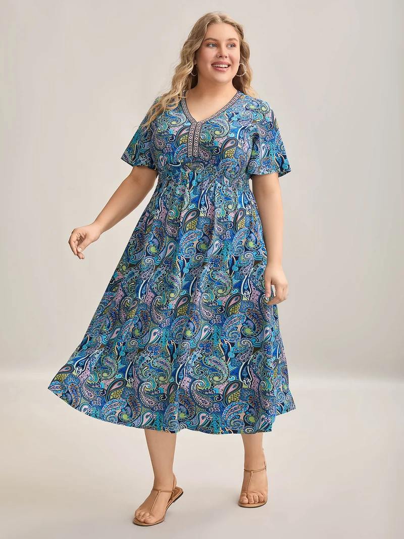 Paisley Print Stretchy Waist Pockets Midi Dress