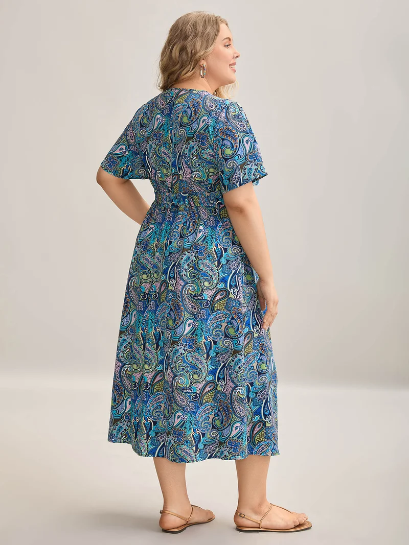Paisley Print Stretchy Waist Pockets Midi Dress
