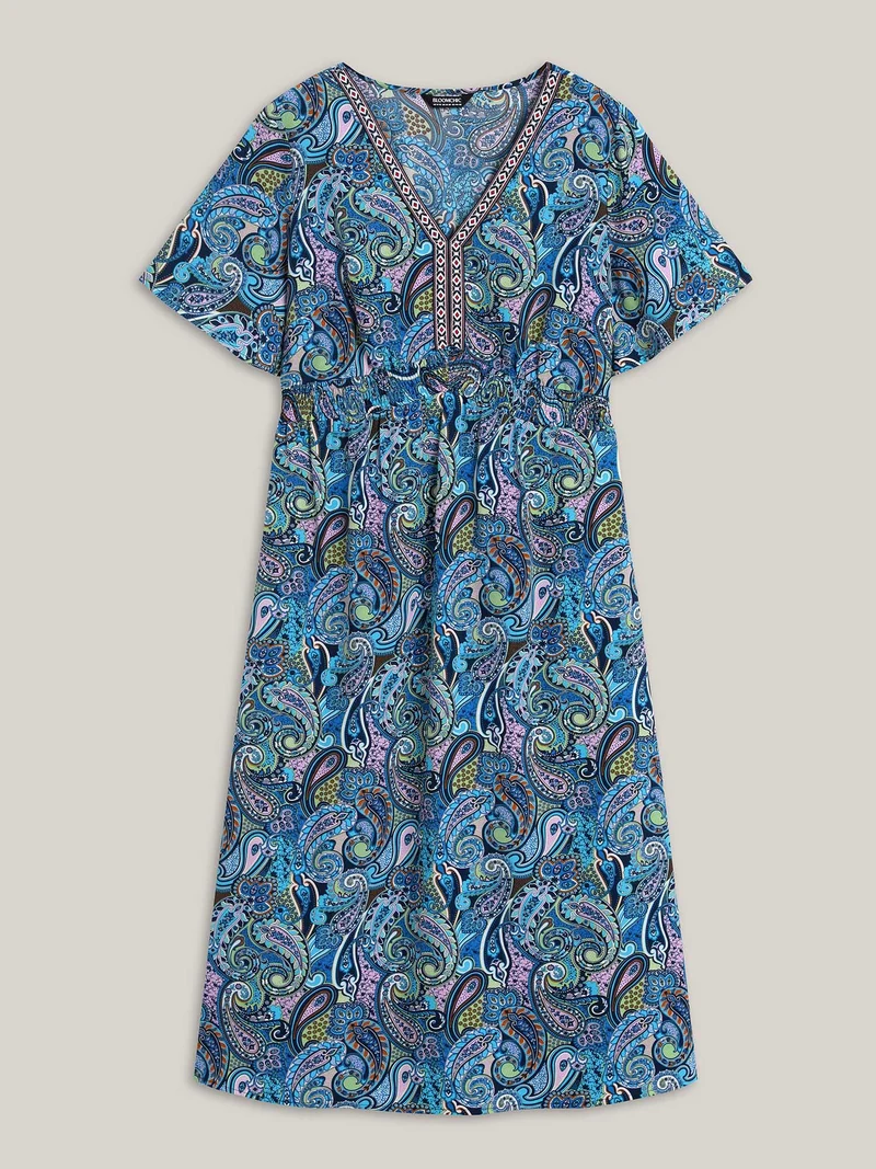 Paisley Print Stretchy Waist Pockets Midi Dress