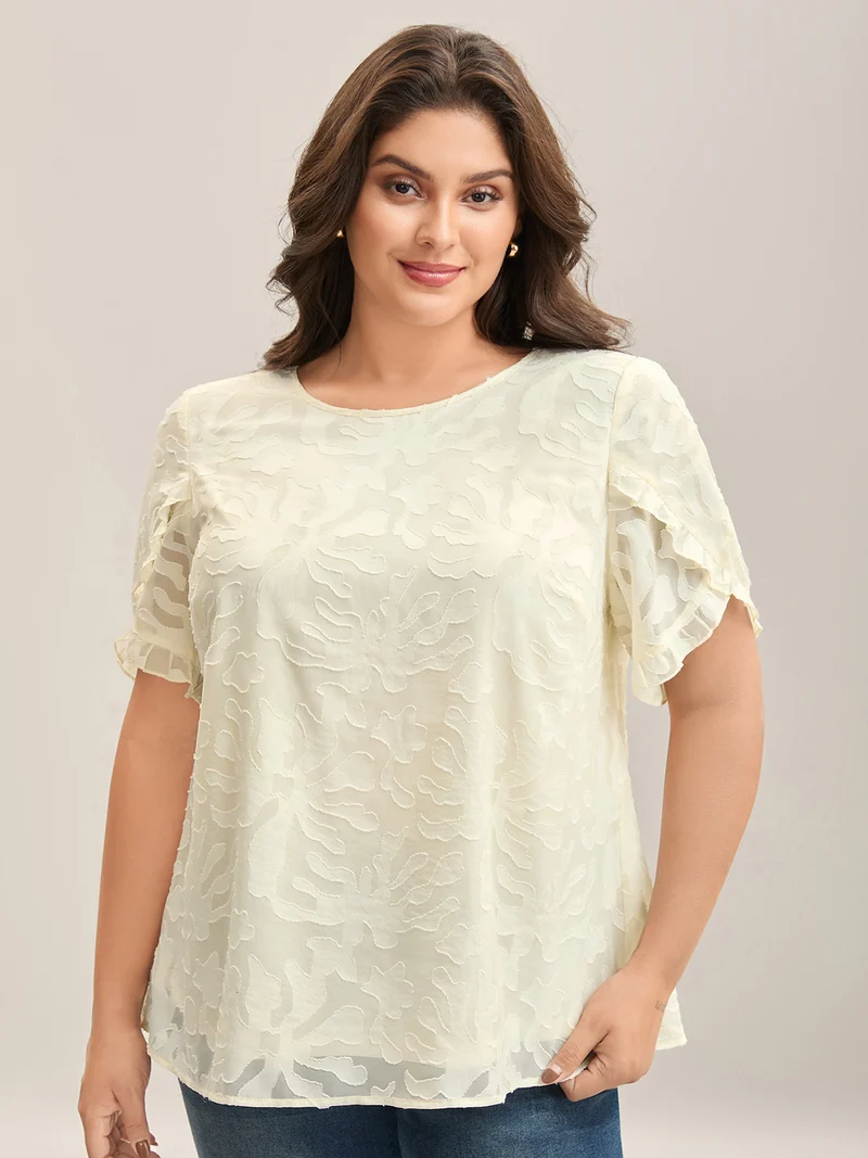 Chiffon Floral Textured Ruffled Blouse