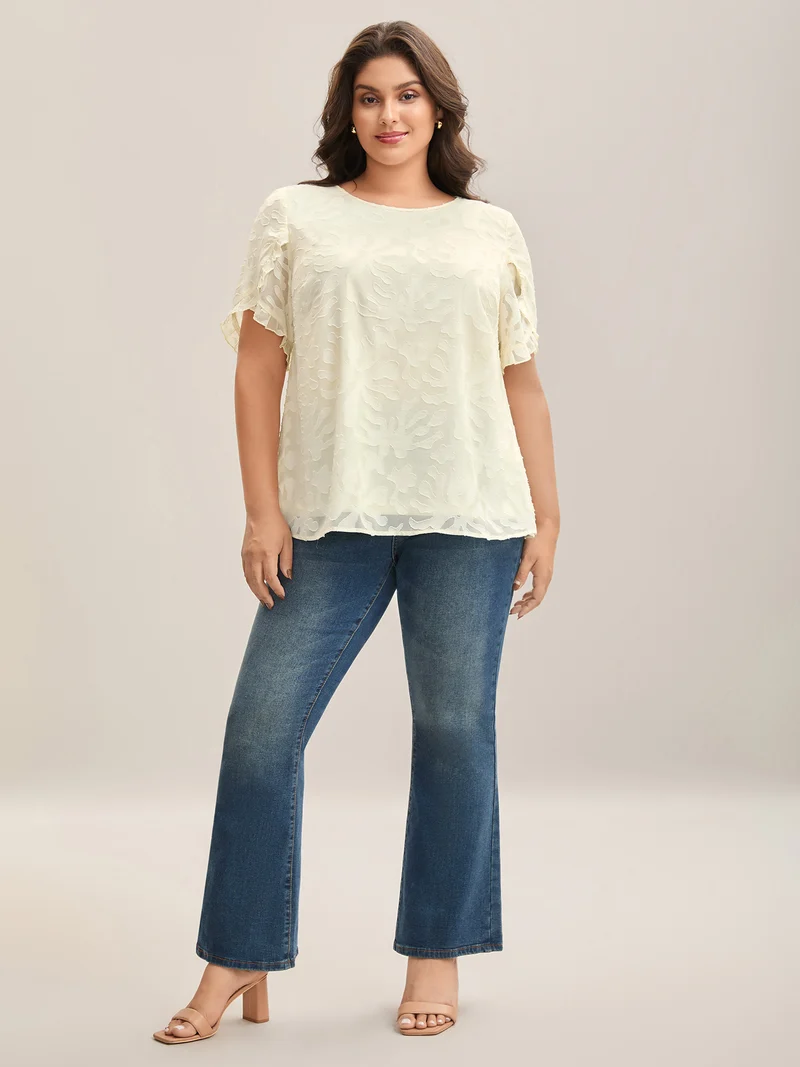 Chiffon Floral Textured Ruffled Blouse