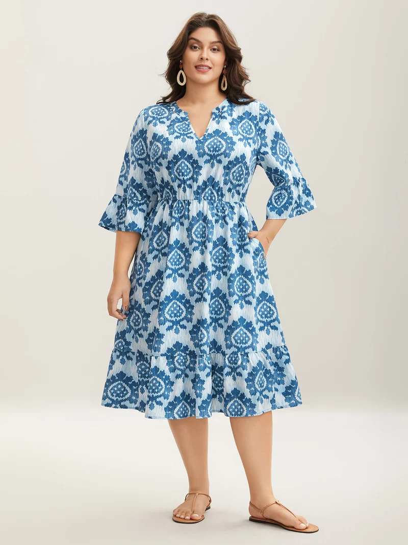 Damask Pattern Ruffle Sleeve Midi Dress
