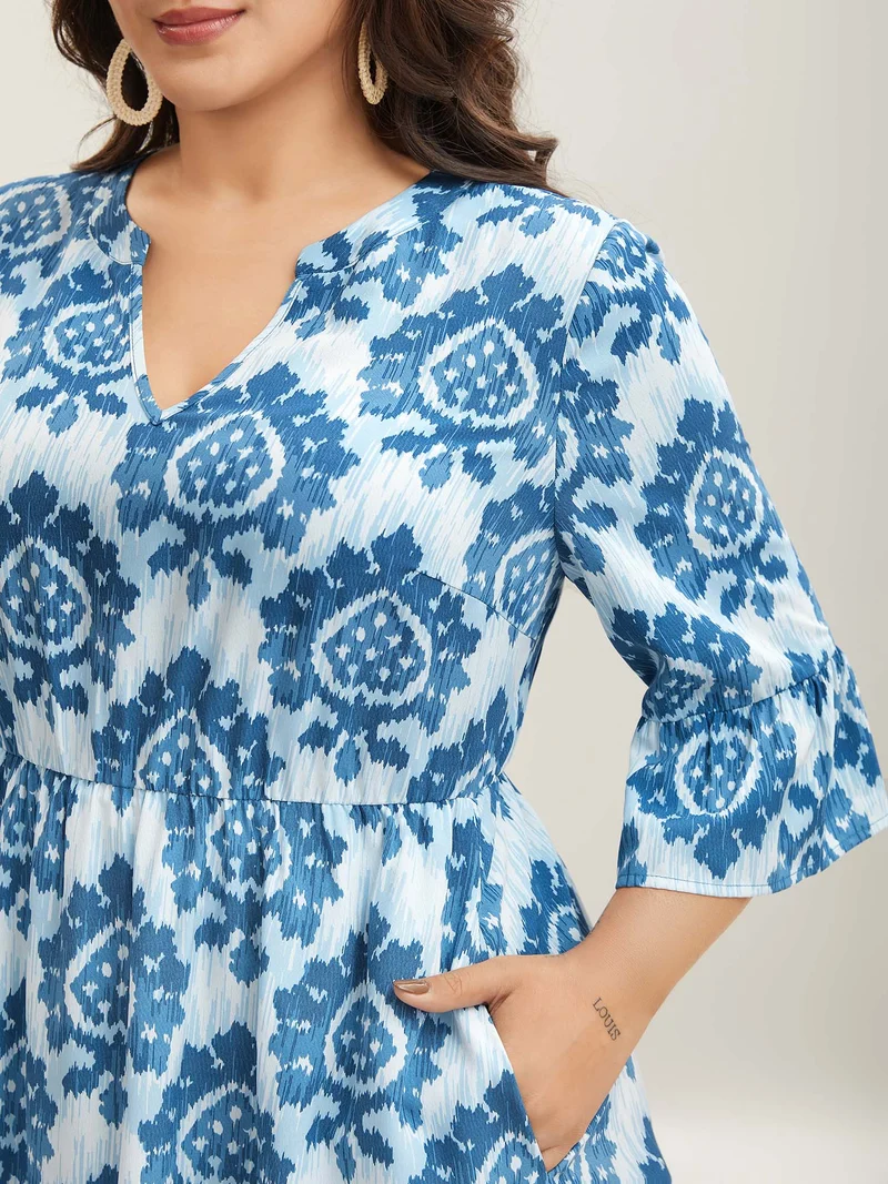 Damask Pattern Ruffle Sleeve Midi Dress