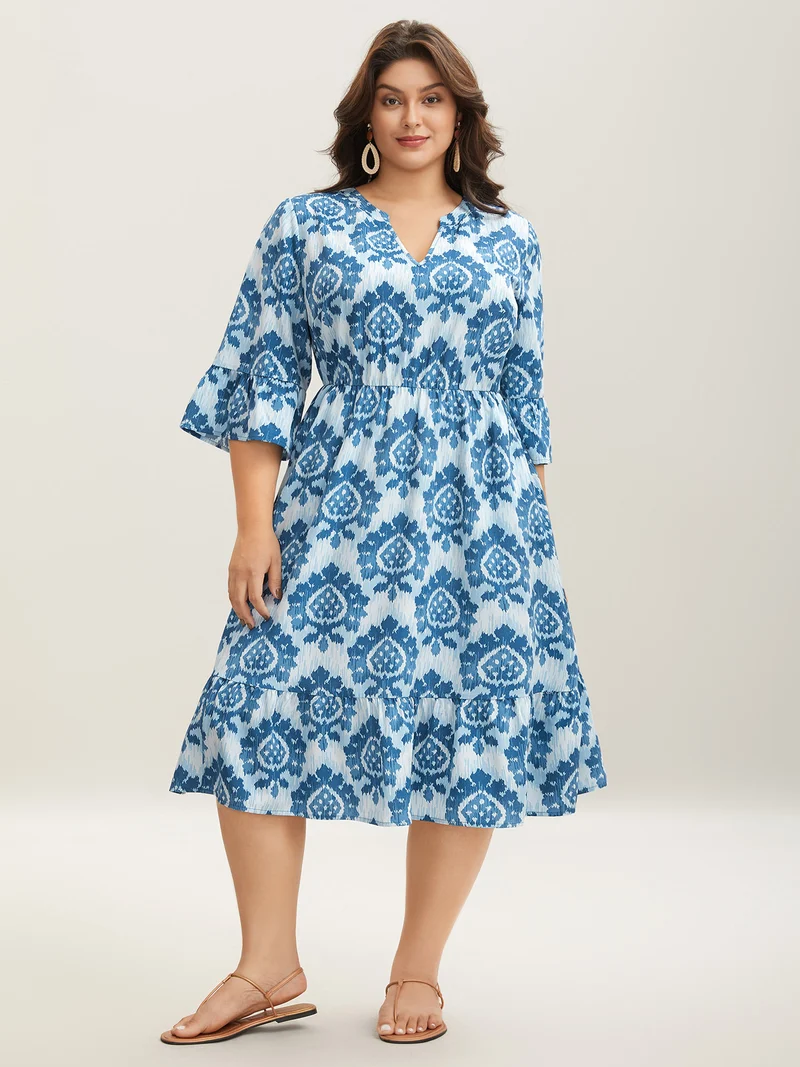 Damask Pattern Ruffle Sleeve Midi Dress