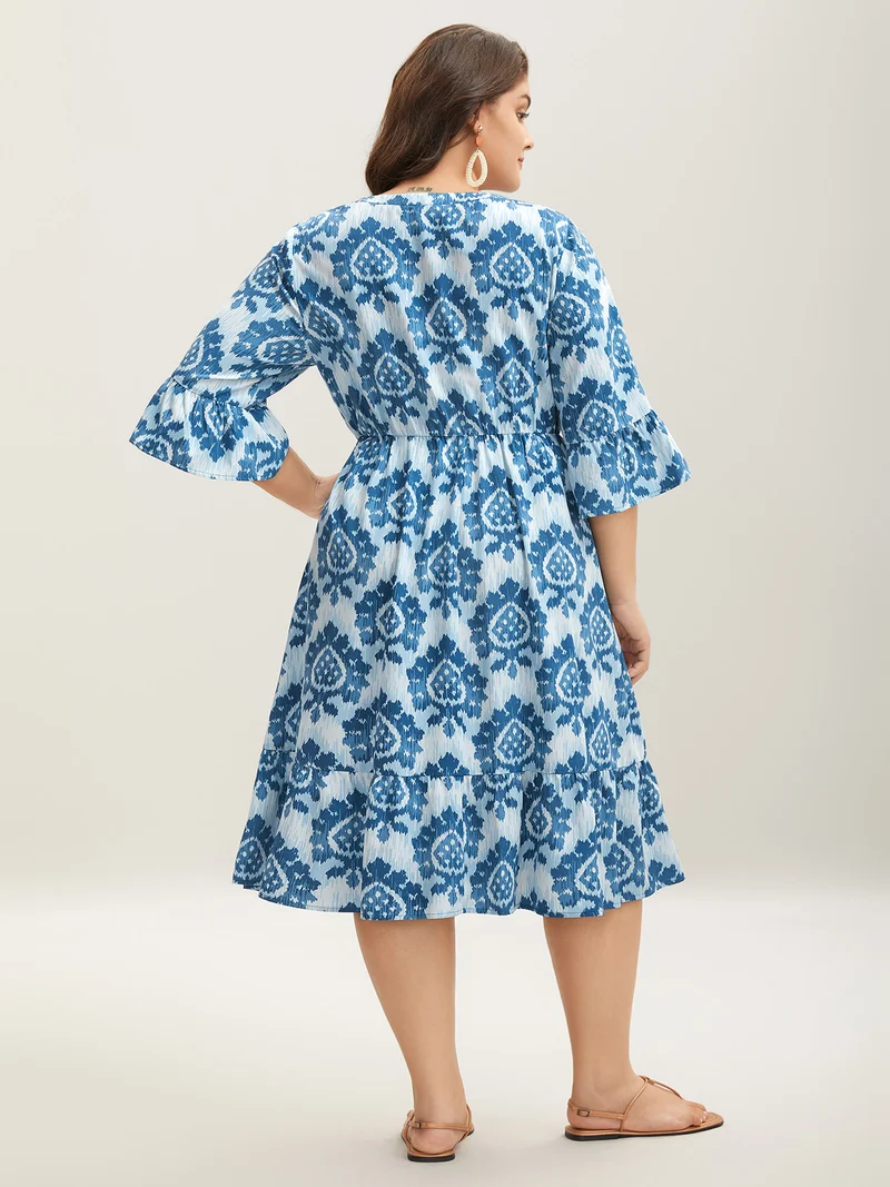 Damask Pattern Ruffle Sleeve Midi Dress