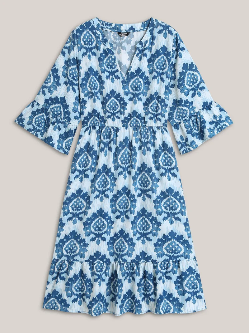 Damask Pattern Ruffle Sleeve Midi Dress