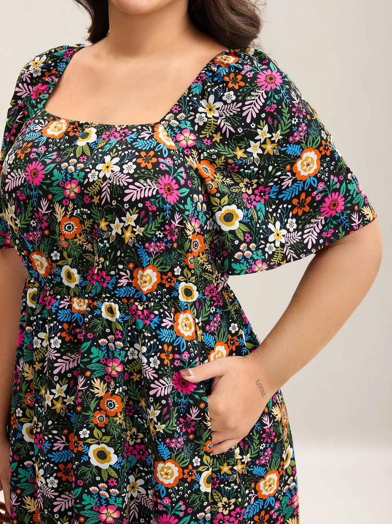 Bold Floral Print Pockets Midi Dress