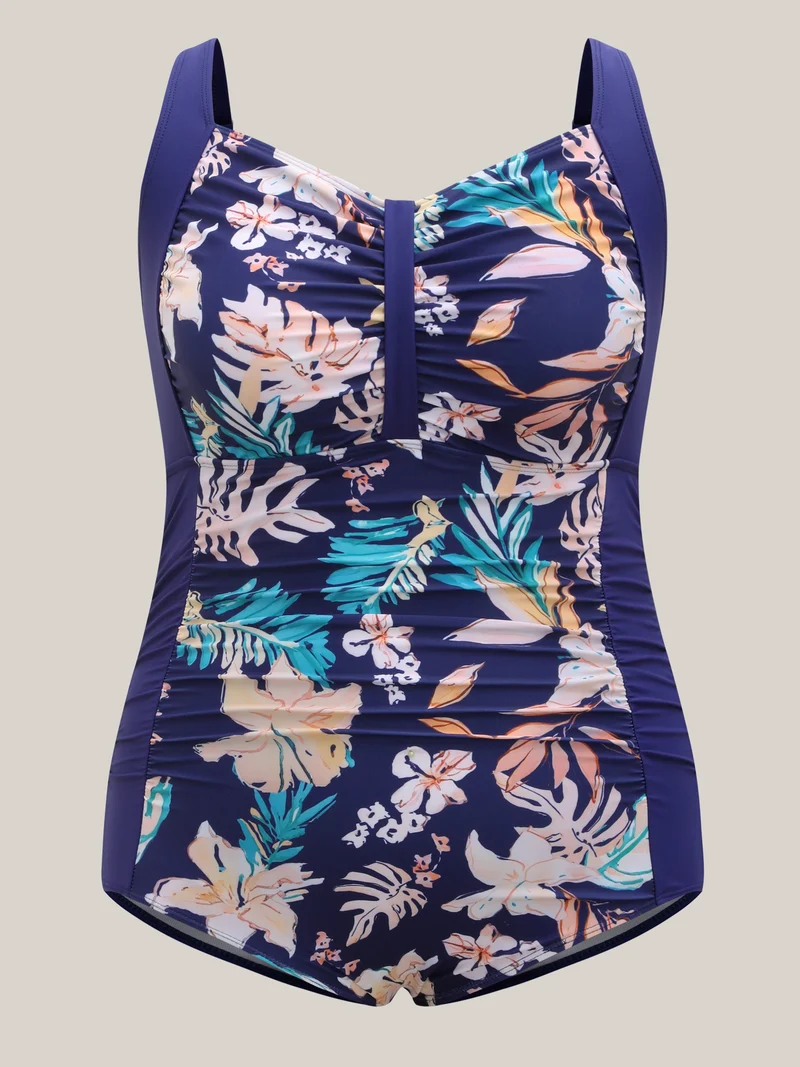 Tropical Print Ruched One-Piece Swimsuit
