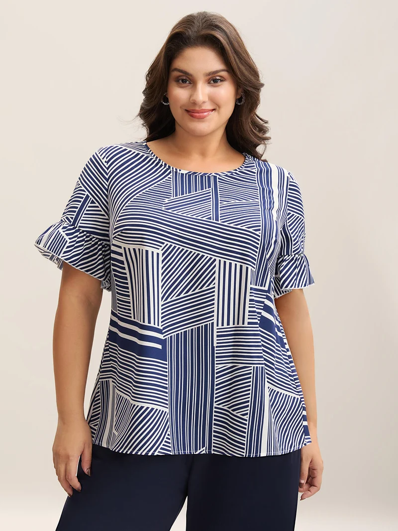 Abstract Print Lotus Leaf Sleeve Blouse