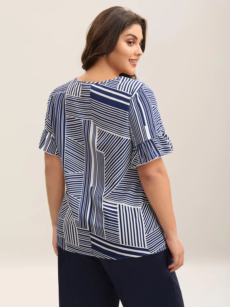 Abstract Print Lotus Leaf Sleeve Blouse