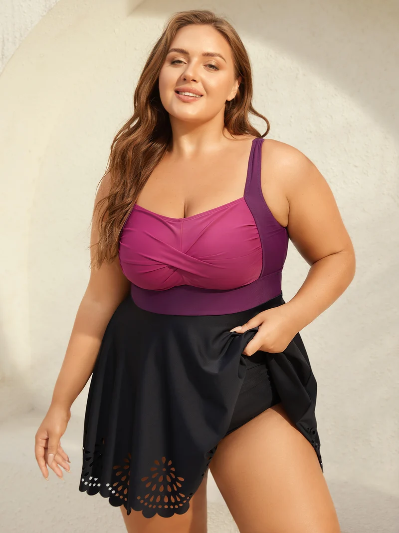 Twist Front Laser Cut Swim Dress