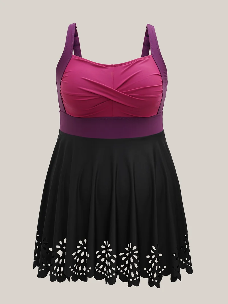 Twist Front Laser Cut Swim Dress