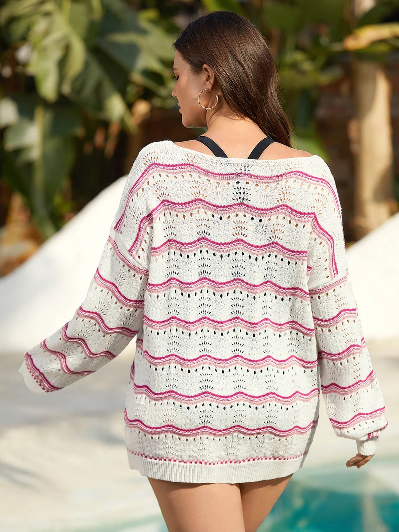 Wavy Print Eyelet Lace Knit Swim Cover-Up