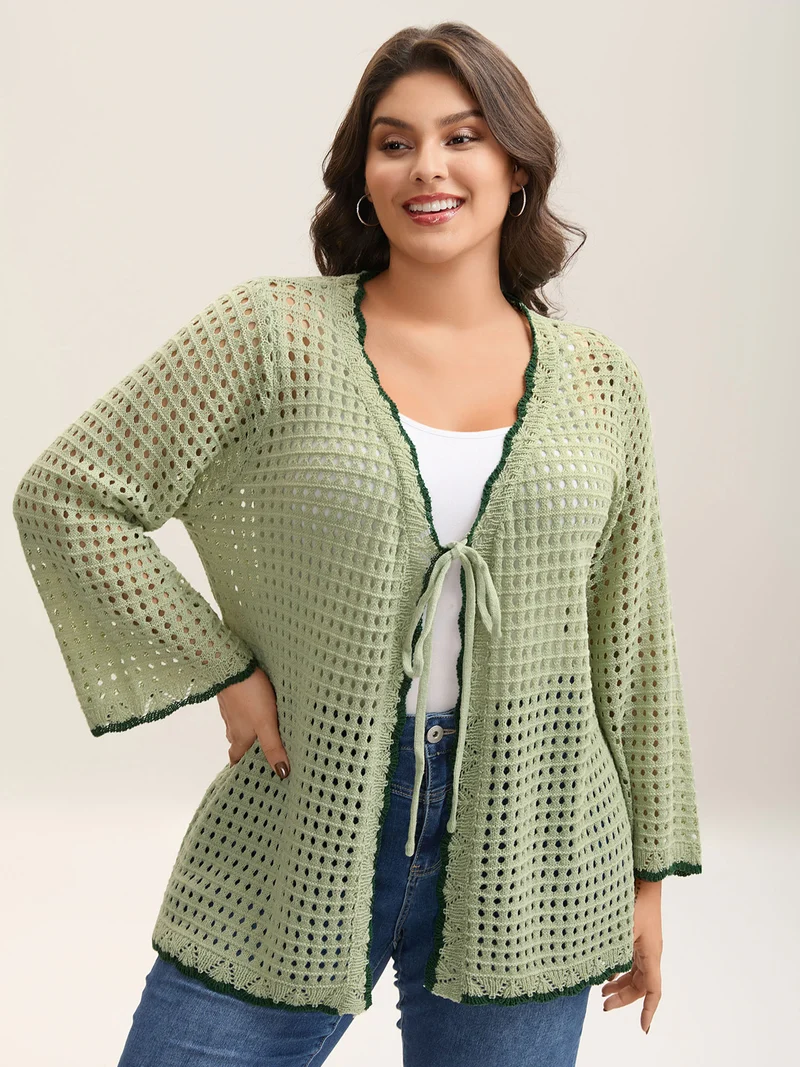 Contrast Hem Front Mid Tie Knit Cardigan
