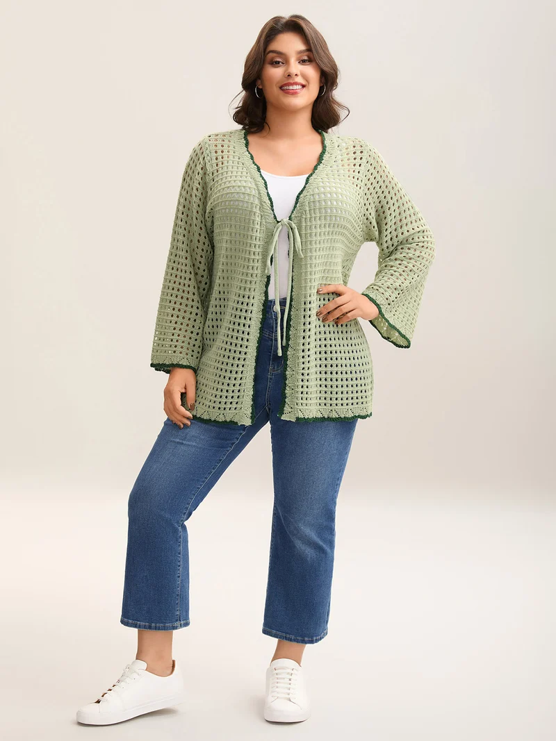 Contrast Hem Front Mid Tie Knit Cardigan