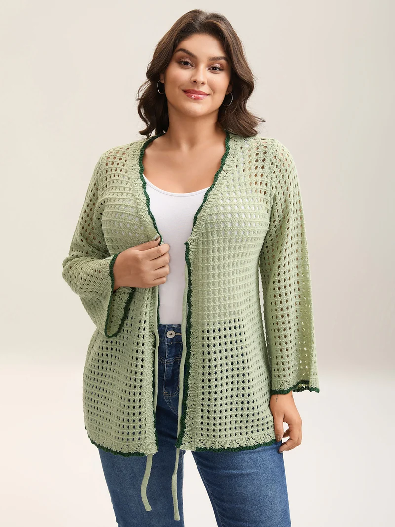 Contrast Hem Front Mid Tie Knit Cardigan